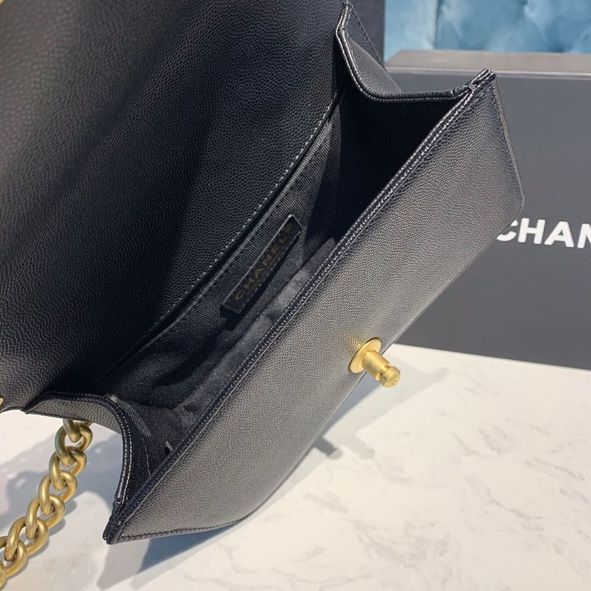 Chanel Chevron Boy Bag 20cm Caviar Leather Antique Gold Hardware Fall/Winter Act 1 Collection Black - view 17