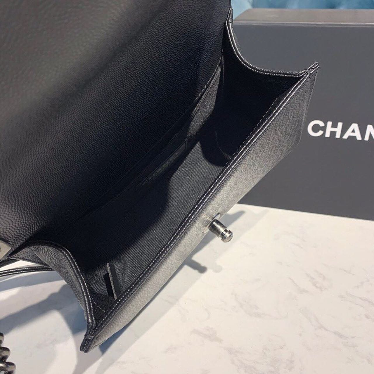 Chanel Chevron Boy Bag 20cm Caviar Leather Antique Silver Hardware Fall/Winter Act 1 Collection, Black - view 15