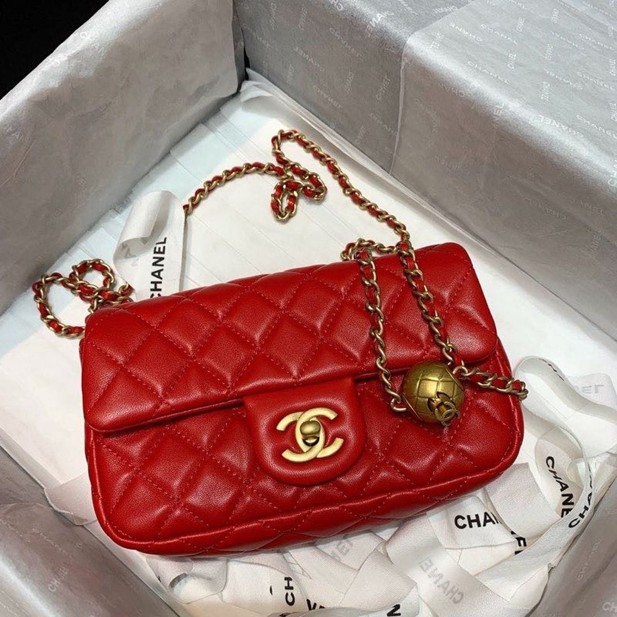 Chanel Classic Flap With Charm Chain With CC Details On Strap Bag 20cm Gold Hardware Lambskin Leather Spring/Summer