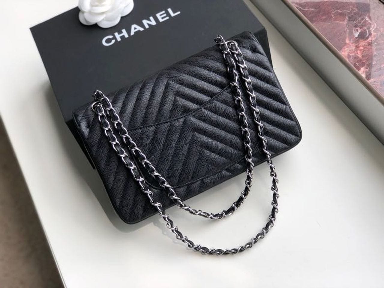 Chanel Chevron Classic Flap Bag 25cm Silver Hardware Caviar Leather Spring/Summer Collection Black - view 7