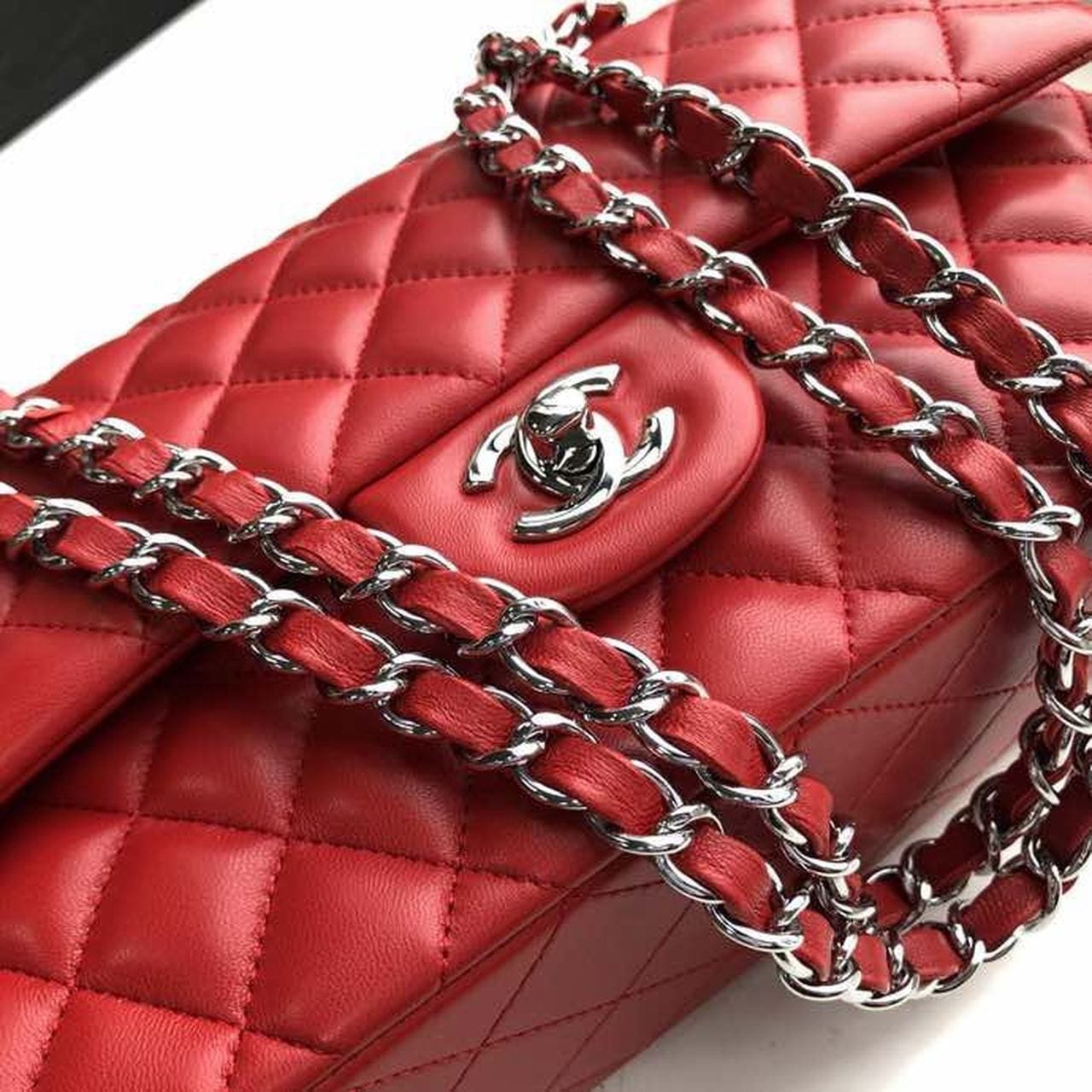 Chanel Classic Flap Bag 25cm Silver Hardware Lambskin Leather Spring/Summer Collection Red - view 10