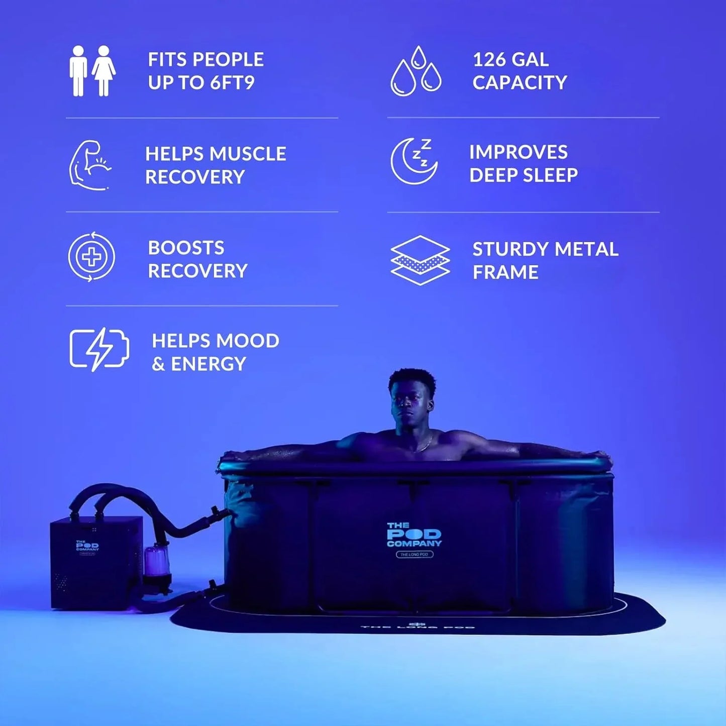 The Pod Company Long Pod Cold Plunge - 126-Gallon Extra-Large Inflatable Ice Bath Tub for Cold Water Therapy