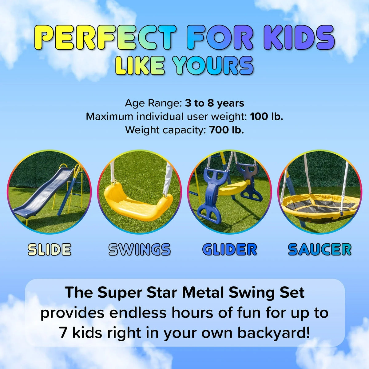 Sportspower Super Star 5-in-1 Metal Swing Set: 2 Swings, Flying Saucer, 2-Person Roman Glider, 6.5 ft Slide; Great for