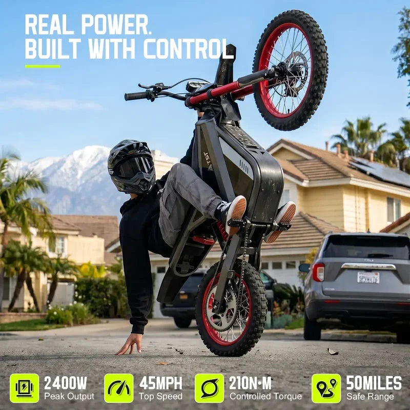 TST GT63 Electric Dirt Bike, 2400W Brushless Hub Motor, 45 MPH Top Speed, 48V 22.5Ah Battery with 50 Mile Range, 210Nm