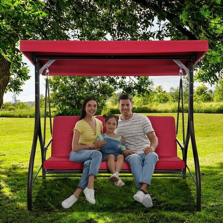 Lazy Buddy 3-Seat Porch Swing with Adjustable Canopy, Outdoor Swing Chair Convertible Swing Bed with Removable Cushion