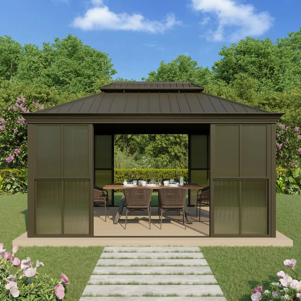 Erommy 14 Ft. W X 12 Ft. D Outdoor Hardtop Gazebo, Double Top Galvanized Steel Roof Aluminum Sunroom - view 11