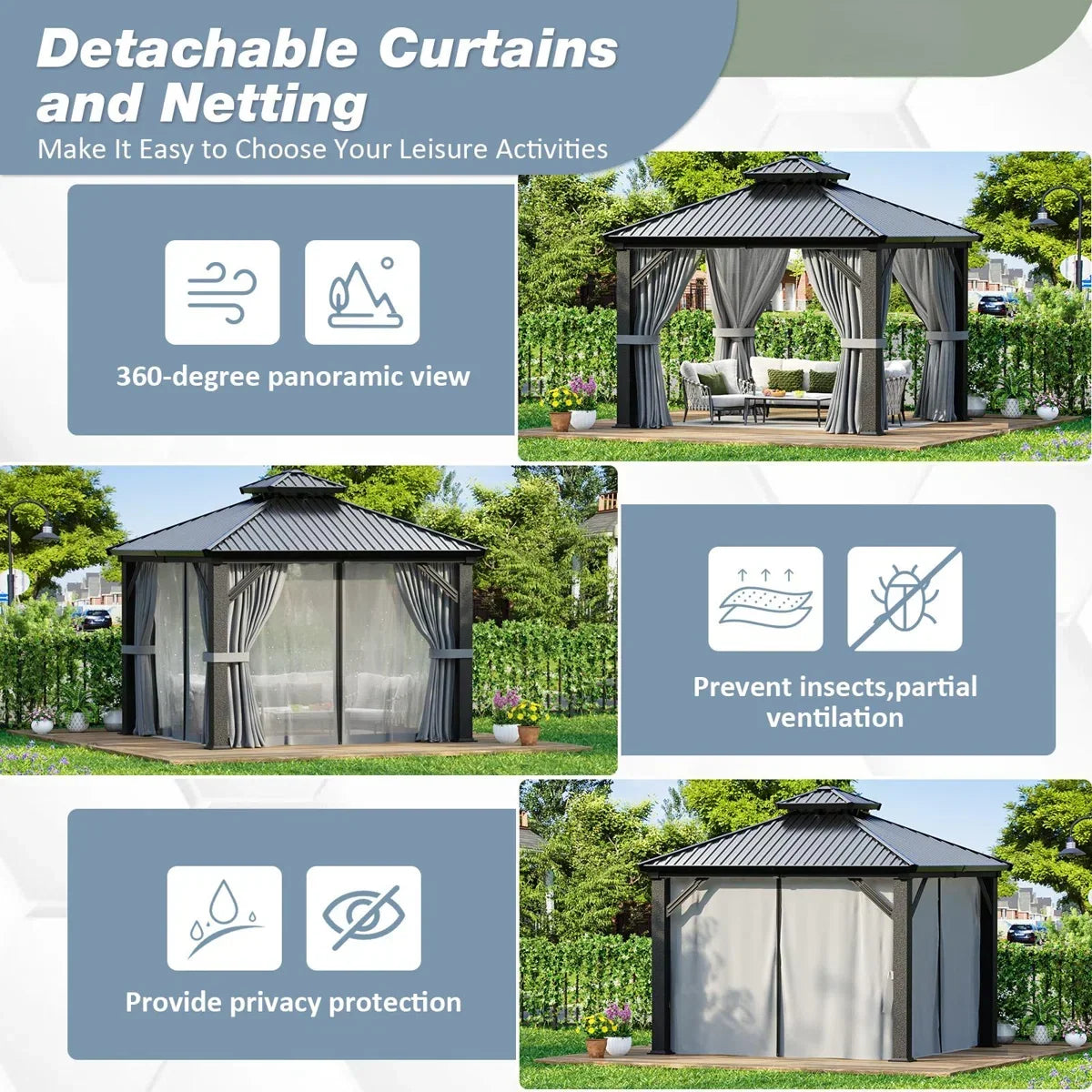 Polar Aurora 10 x 10 ft. Heavy-Duty Aluminum Frame Outdoor Gazebo with Double-Layer Galvanized Steel Roof, All-Weather
