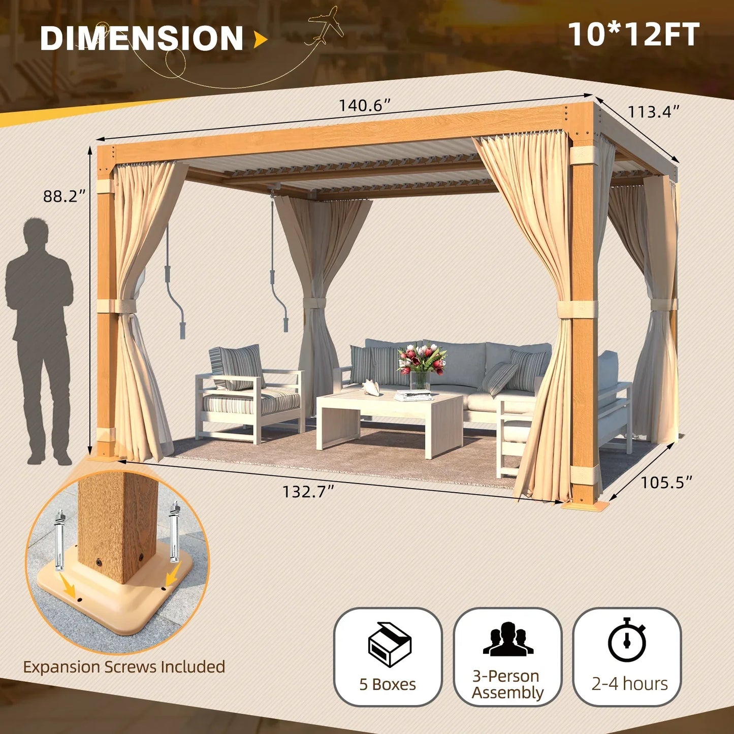 Erommy 10X12 Pergola with Adjustable Louvered Roof - Wood Grain - view 8