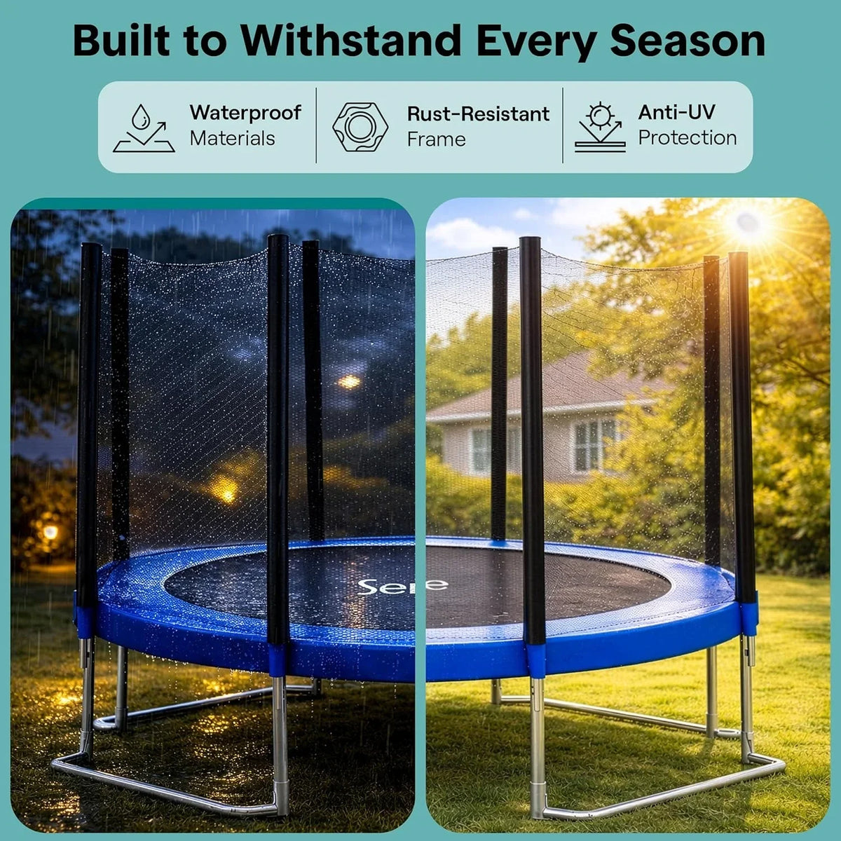 SereneLife 8FT 10FT 12FT 14FT Outdoor Trampoline for Kids - Recreational Backyard Trampoline with Curved Safety Poles