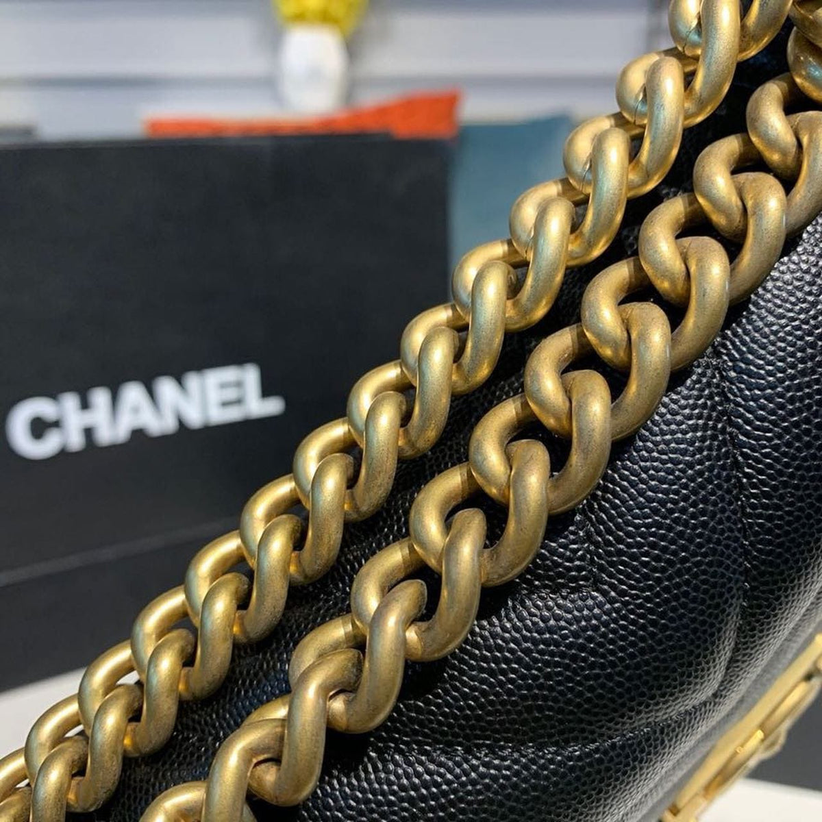Chanel Chevron Boy Bag 20cm Caviar Leather Antique Gold Hardware Fall/Winter Act 1 Collection Black - view 13