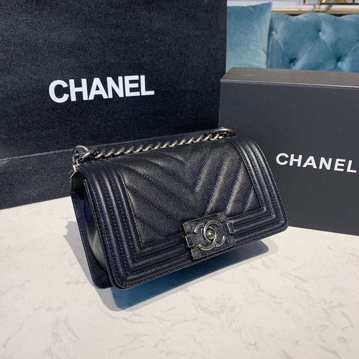 Chanel Chevron Boy Bag 20cm Caviar Leather Antique Silver Hardware Fall/Winter Act 1 Collection, Black - view 4