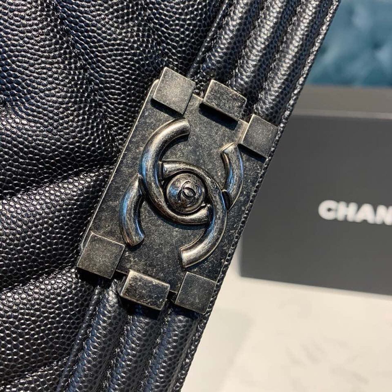 Chanel Chevron Boy Bag 20cm Caviar Leather Antique Silver Hardware Fall/Winter Act 1 Collection, Black - view 7