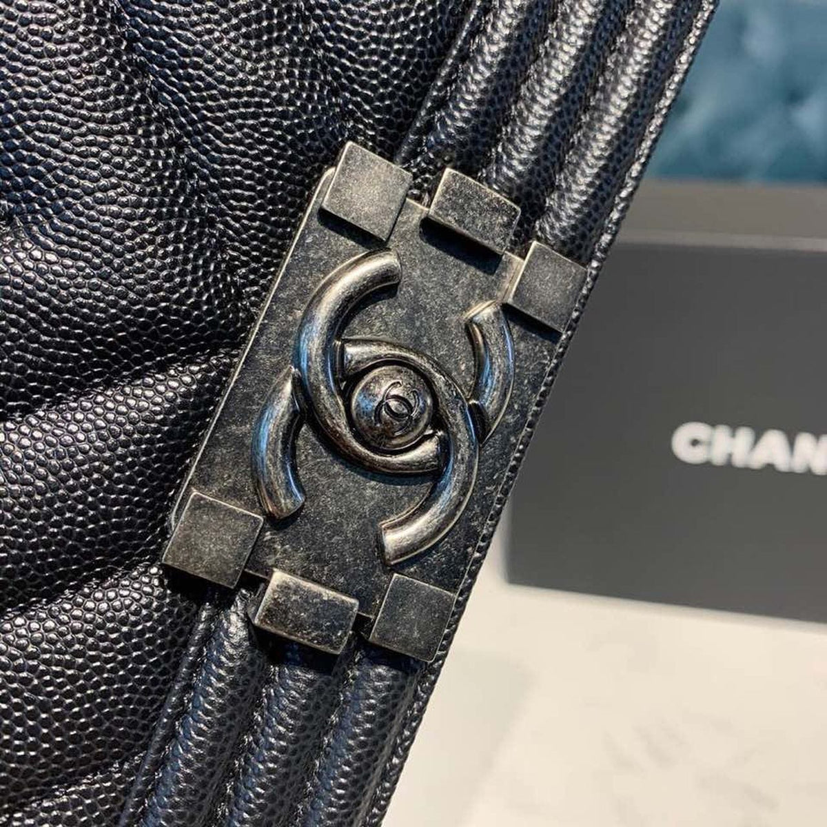 Chanel Chevron Boy Bag 20cm Caviar Leather Antique Silver Hardware Fall/Winter Act 1 Collection, Black - view 7