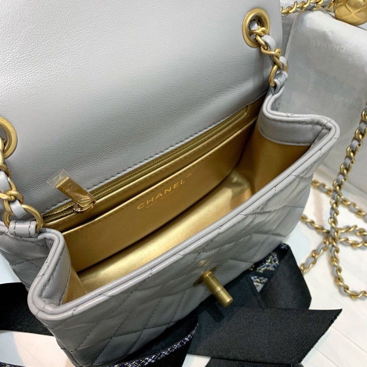 Chanel Classic Flap With Charm Chain With CC Details On Strap Bag 18cm Gold Hardware Lambskin Leather Spring/Summer