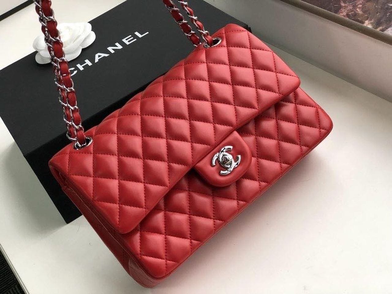 Chanel Classic Flap Bag 25cm Silver Hardware Lambskin Leather Spring/Summer Collection Red - view 3