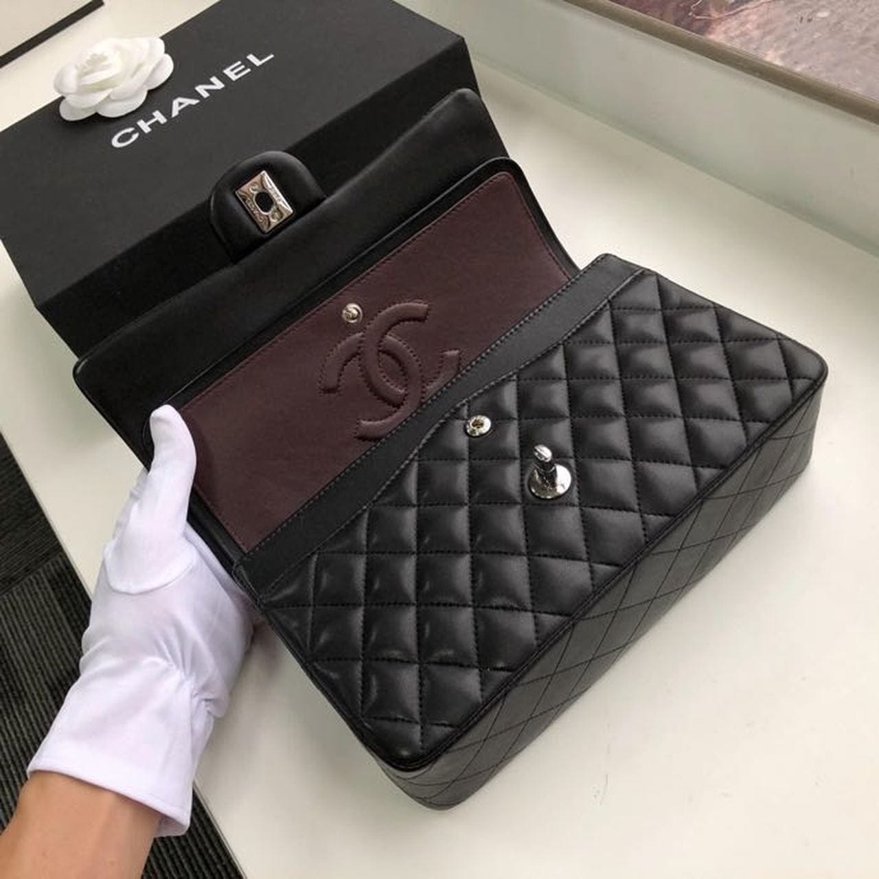 Chanel Classic Flap Bag 25cm Silver Hardware Lambskin Leather Spring/Summer Collection Black - view 8