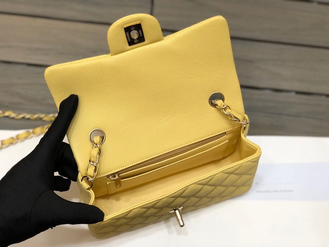 Chanel Classic Flap Bag 20cm Silver Hardware Caviar Leather Spring/Summer Collection Yellow - view 4