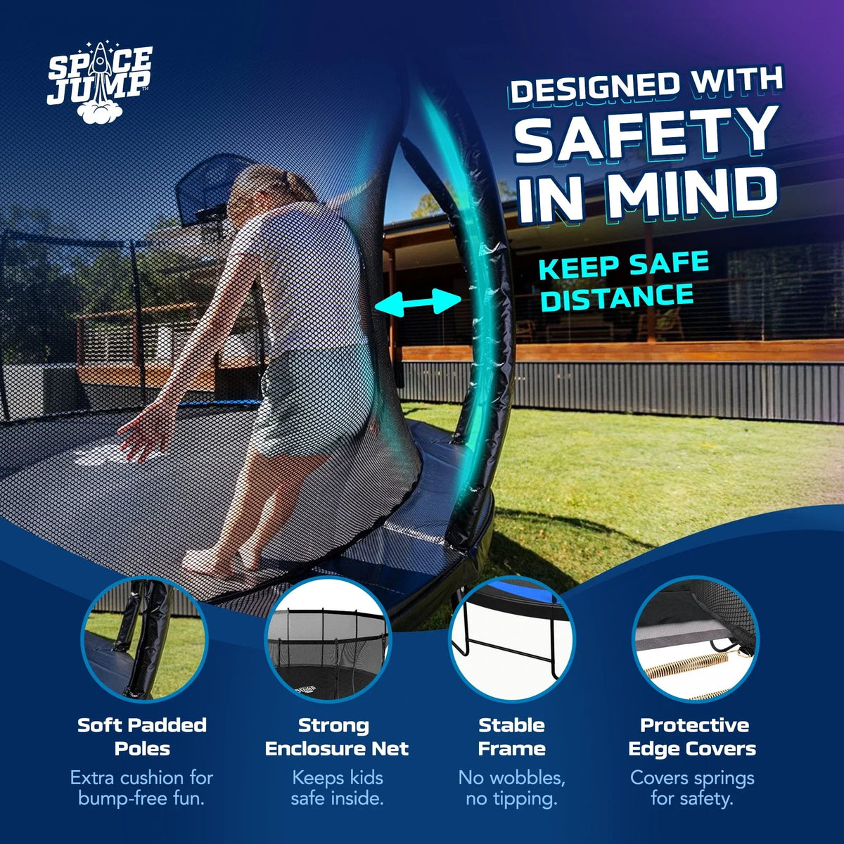 SpaceJump Lunar 16 Foot Trampoline, Outdoor Round Bouncer with Safety Net, Black - view 3