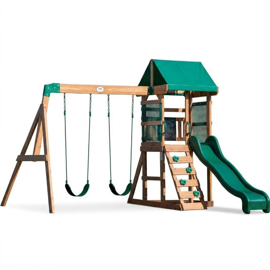 Backyard Discovery Buckley Hill Cedar Wood Swing Set with Wave Slide, Play Deck, Rock Wall Ladder, Belt Swings