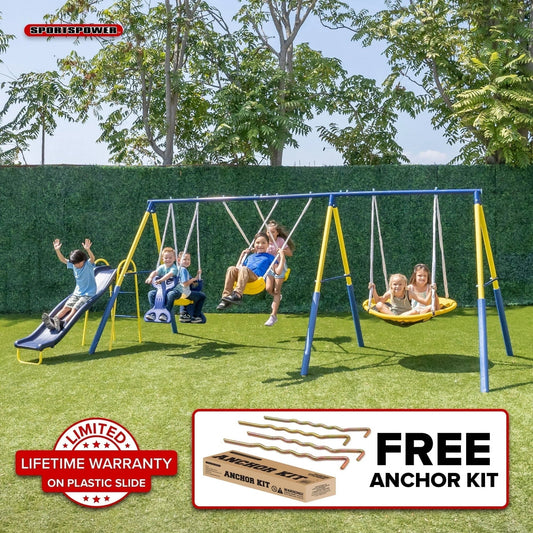 Sportspower Super Star 5-in-1 Metal Swing Set: 2 Swings, Flying Saucer, 2-Person Roman Glider, 6.5 ft Slide; Great for