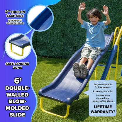 Sportspower Super Star 5-in-1 Metal Swing Set: 2 Swings, Flying Saucer, 2-Person Roman Glider, 6.5 ft Slide; Great for