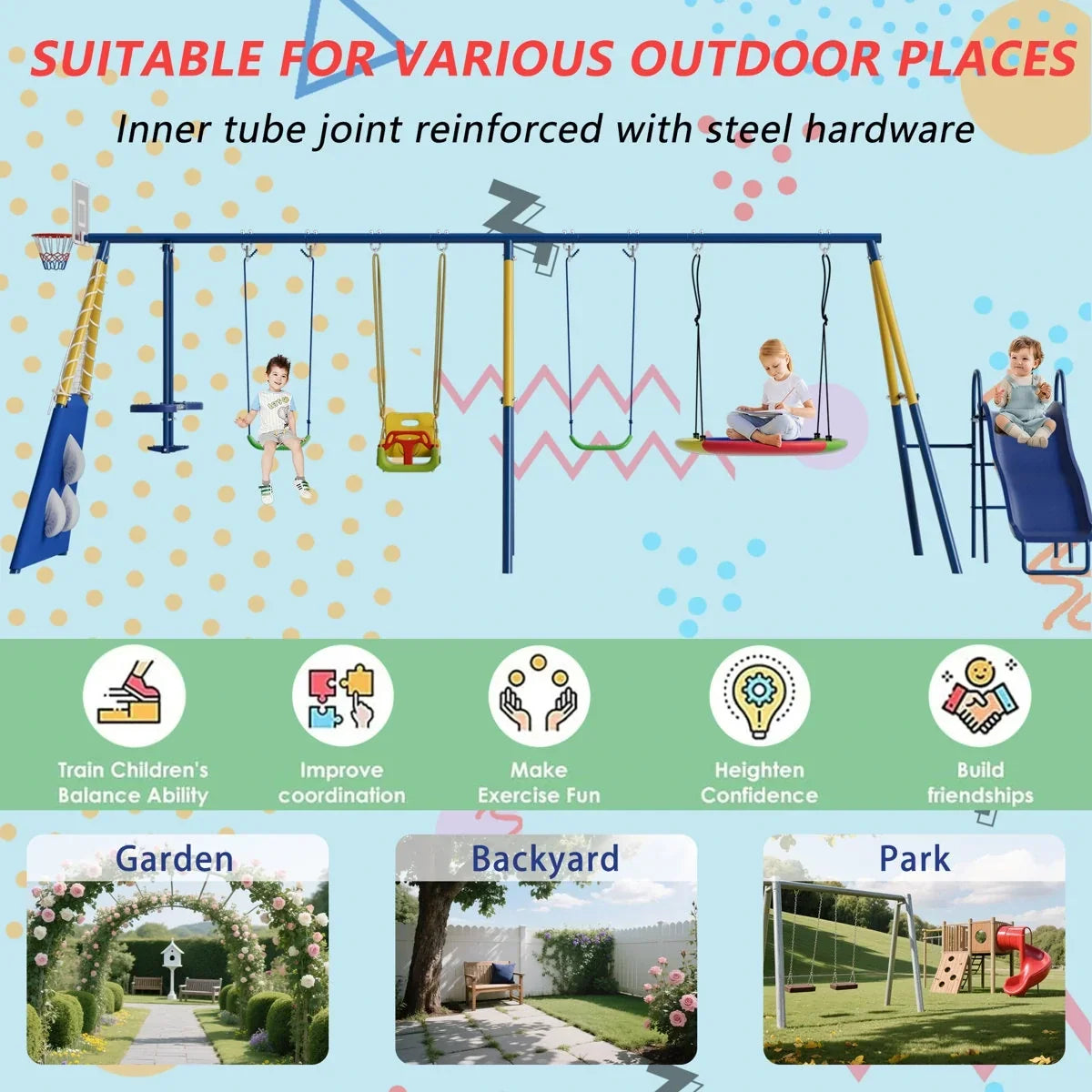 Sumij 8 in1 Swing Sets for Backyard with Kids Slide Outdoor Heavy-Duty Metal Playset for Kids 550lbs Swing Set with