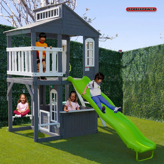 Sportspower Blakely 2-Story Playhouse with 8FT Slide, Working Door, Benches for Rest & Pretend Play Features, for Kids