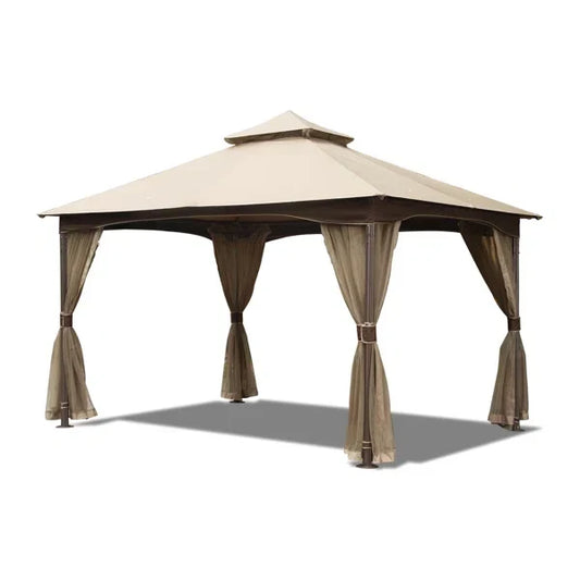 10 ft x 13 ft Patio Gazebo - Metal, Net, Waterproof, Stable, Khaki With Net Metal Frame, Double Roof, Resistance