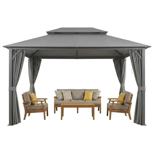 Furmax 13 Ft. W x 10 Ft. D Soft Top Steel Patio Gazebo with 2-Tier Canopy and Zippered Mesh Netting for Outdoor, Patio
