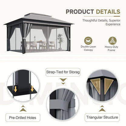 Furmax 13 Ft. W x 10 Ft. D Soft Top Steel Patio Gazebo with 2-Tier Canopy and Zippered Mesh Netting for Outdoor, Patio