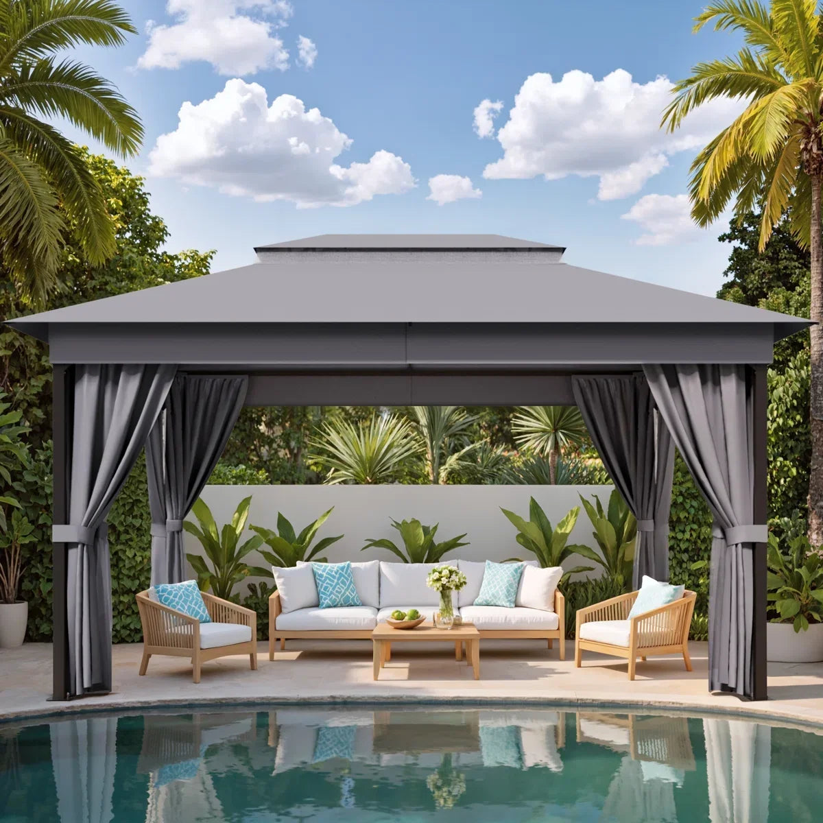 Furmax 13 Ft. W x 10 Ft. D Soft Top Steel Patio Gazebo with 2-Tier Canopy and Zippered Mesh Netting for Outdoor, Patio
