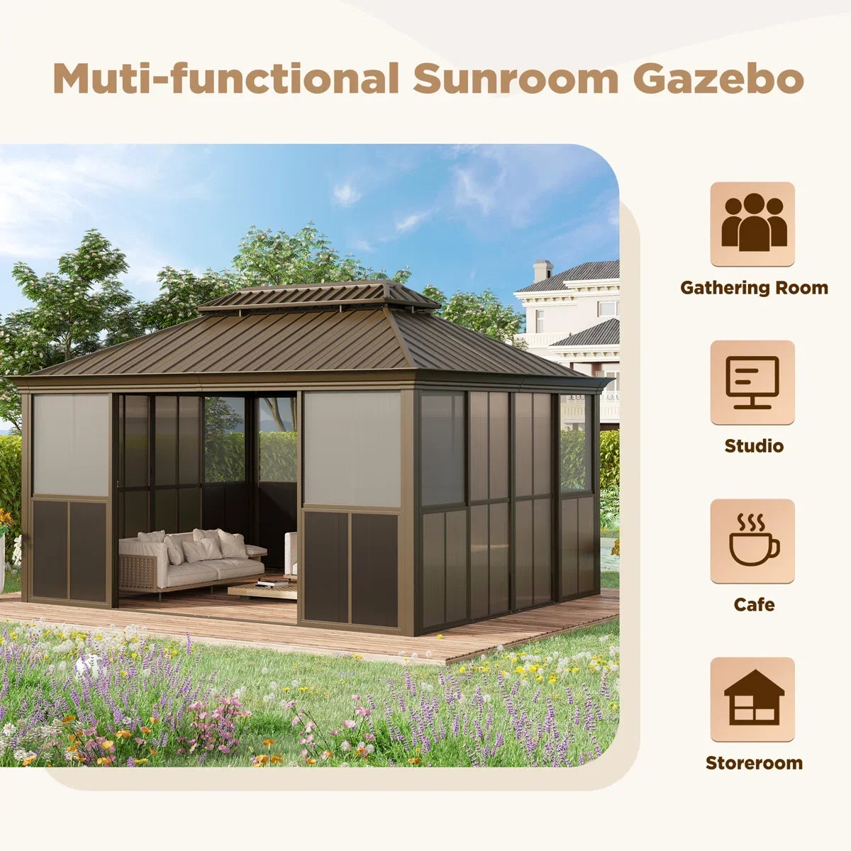 Erommy 14 Ft. W X 12 Ft. D Outdoor Hardtop Gazebo, Double Top Galvanized Steel Roof Aluminum Sunroom - view 4