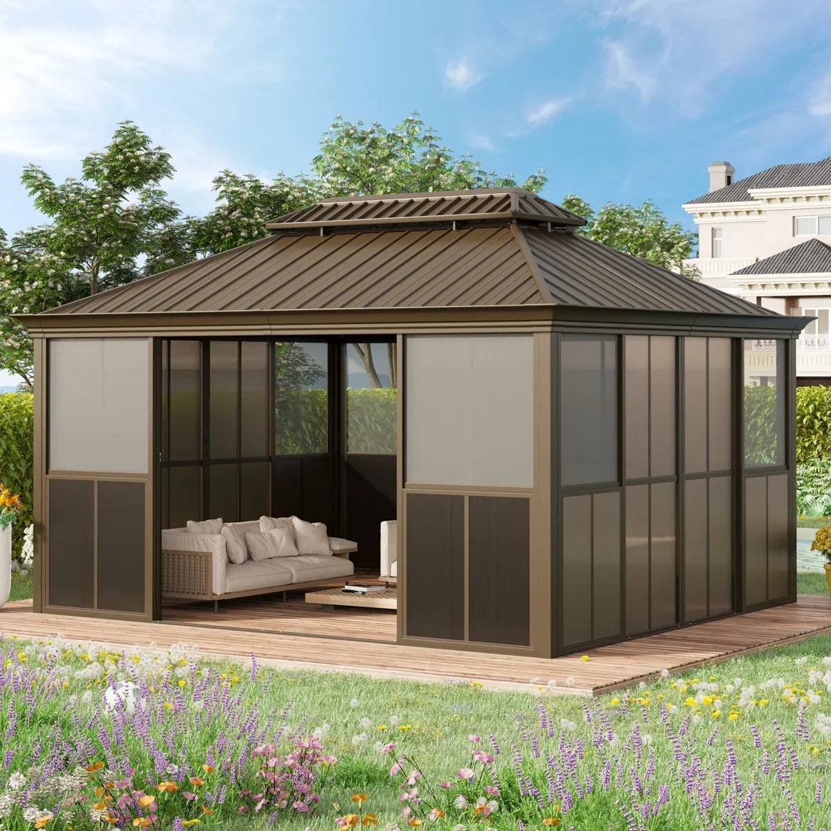 Erommy 14 Ft. W X 12 Ft. D Outdoor Hardtop Gazebo, Double Top Galvanized Steel Roof Aluminum Sunroom - view 9