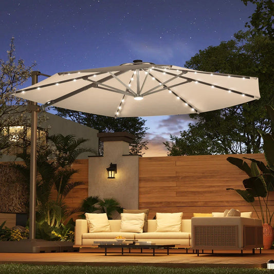 Latitude Run 11 ft Patio Cantilever Umbrella with Wind-Vent, 240g Solution-Dyed Fabric, Solar LED Lights and Weighted