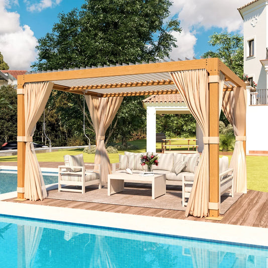 Erommy 10X12 Pergola with Adjustable Louvered Roof - Wood Grain