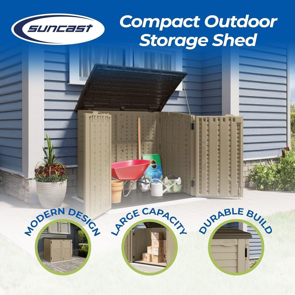 Suncast 34 Cu Ft Horizontal Resin Storage Shed - Outdoor Storage Shed with Floor Included, Lockable, Weatherproof, Fits