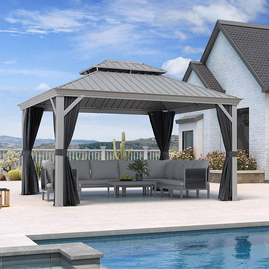 Purple Leaf Patio Gazebo for Pool Light Grey Hardtop Galvanized Steel Roof with Upgraded Curtains