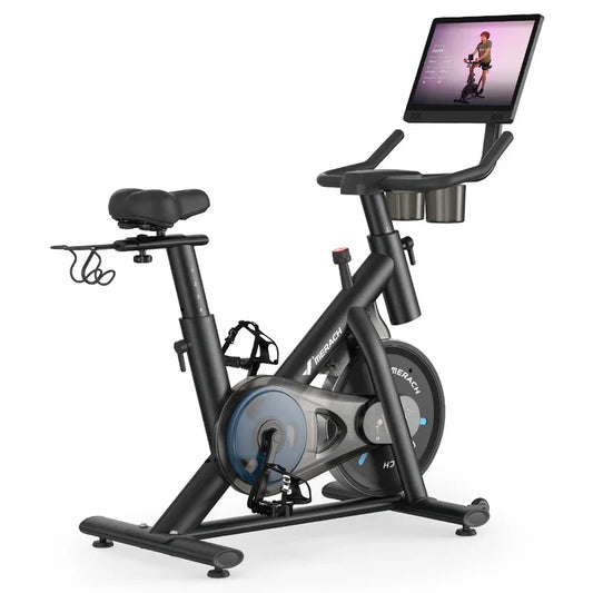 Merach S26 Aura Indoor Exercise Bike with 15.6 in Full HD Rotating Touchscreen, Phone Mirroring, 8 Resistance Levels
