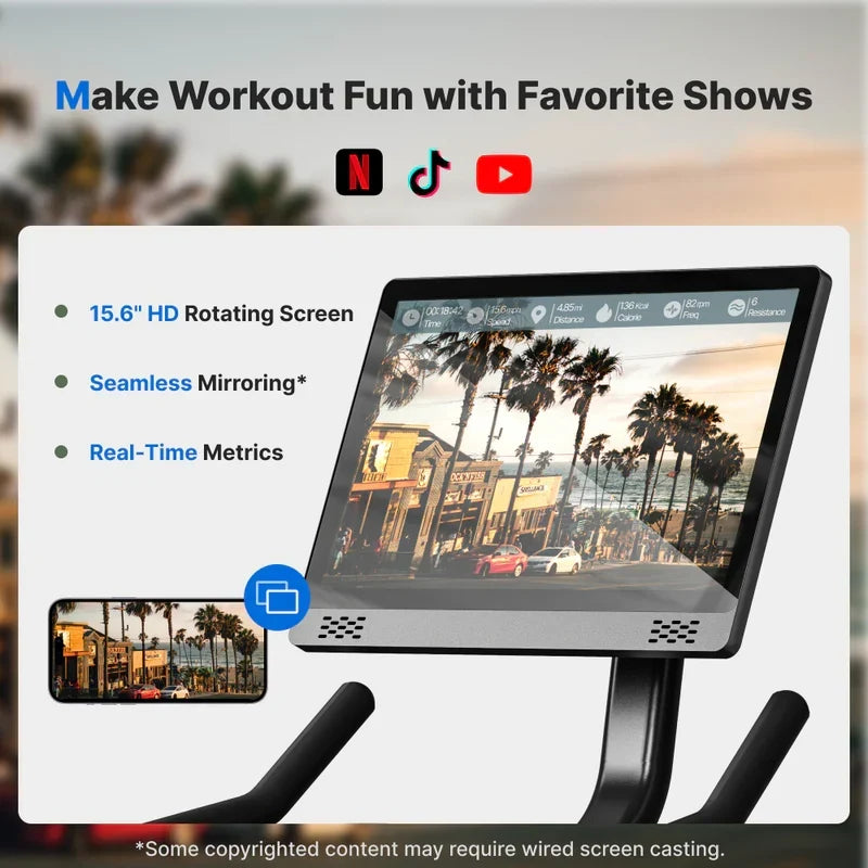 Merach S26 Aura Indoor Exercise Bike with 15.6 in Full HD Rotating Touchscreen, Phone Mirroring, 8 Resistance Levels