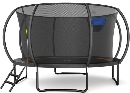 Merach 14FT Pumpkin Outdoor Trampoline with Safety Enclosure Net, Basketball Hoop & Ladder, Heavy Duty Backyard