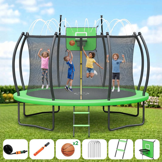 Outdoor Trampoline,Fashionsport Outfitters 8FT/12FT/14FT/16FT Round Jumping Trampoline with Ladder,Sprinkler,Basketball