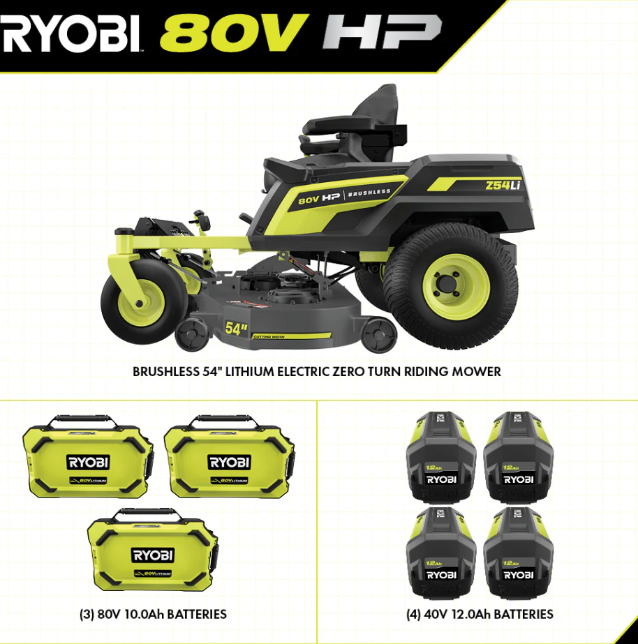 Ryobi 80V HP Brushless 54 in. Battery Electric Cordless Zero Turn Mower & Mulch Kit - view 2