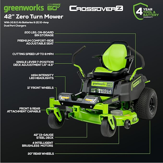 Greenworks 60V 42 Electric CrossoverZ Zero Turn Mower with 8 Ah Batteries and Dual Port Turbo Chargers