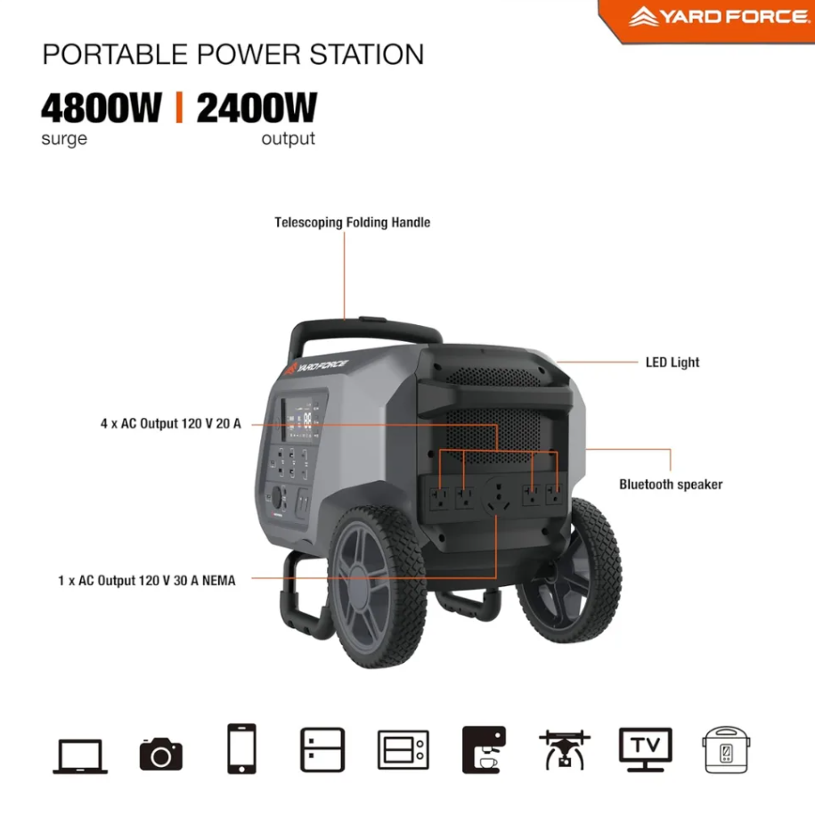 Yard Force Portable Power Station 2400-Watt Continuous 4800-Watt Peak, Bluetooth speaker, WIFI connection, Wireless