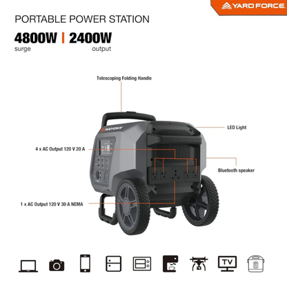 Yard Force Portable Power Station 2400-Watt Continuous 4800-Watt Peak, Bluetooth speaker, WIFI connection, Wireless