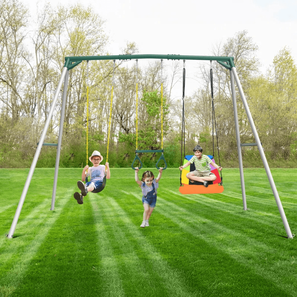 9.5 ft Heavy Duty Metal Swing Set with Belt Swing, Trapeze Bar - view 5