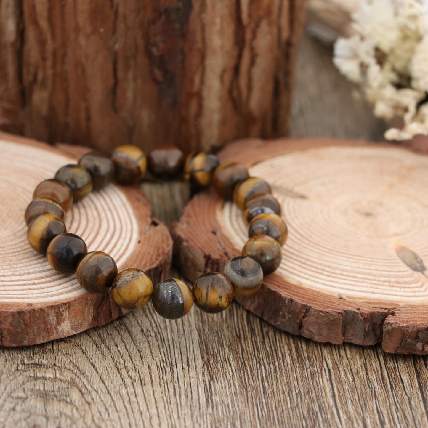 Natural Tiger Eye Bracelet 10mm | Gold Brown Gemstone Stretch Bracelet