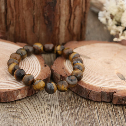 Natural Tiger Eye Bracelet 10mm | Gold Brown Gemstone Stretch Bracelet