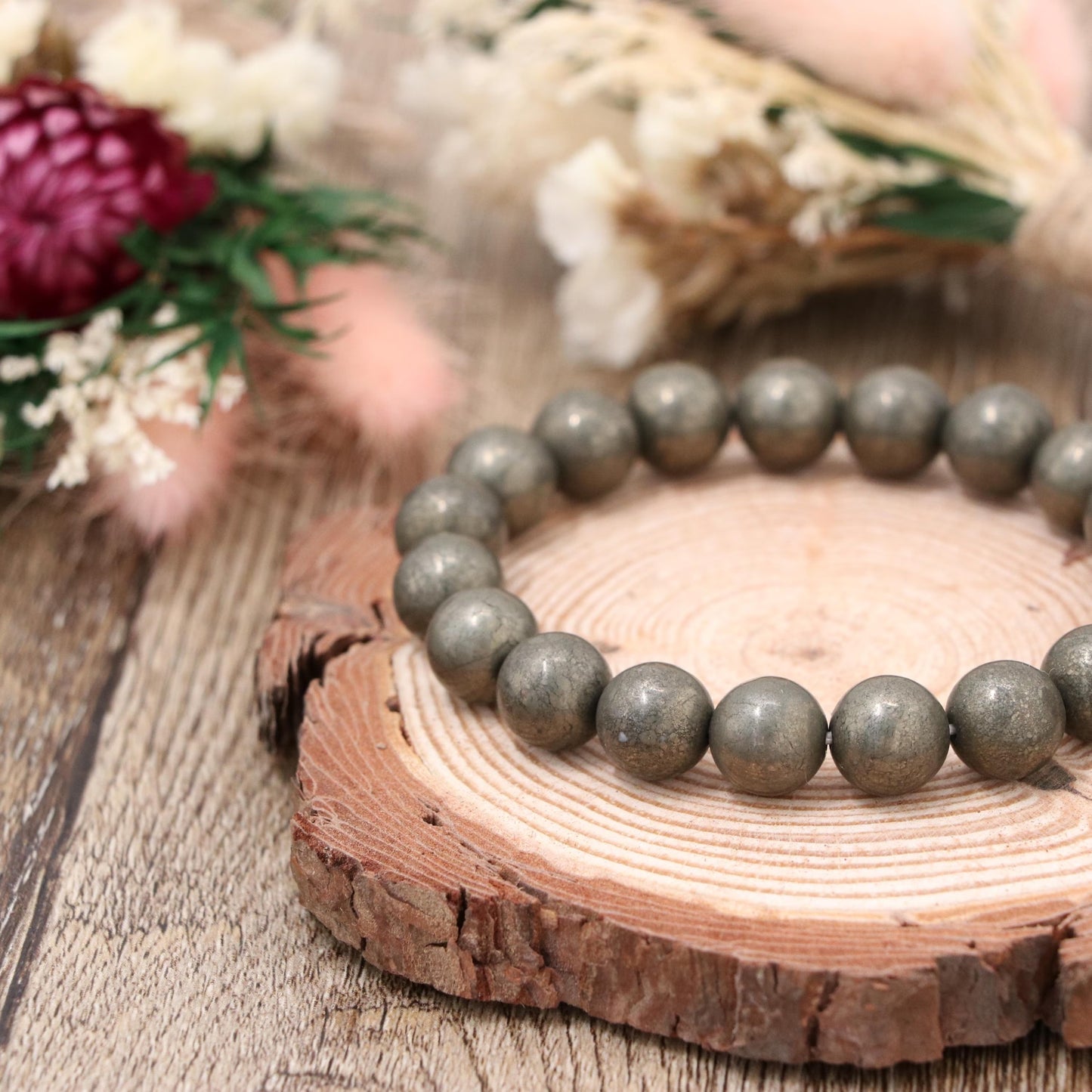 Natural Pyrite Bracelet 10mm , Gold Gemstone Stretch Bracelet
