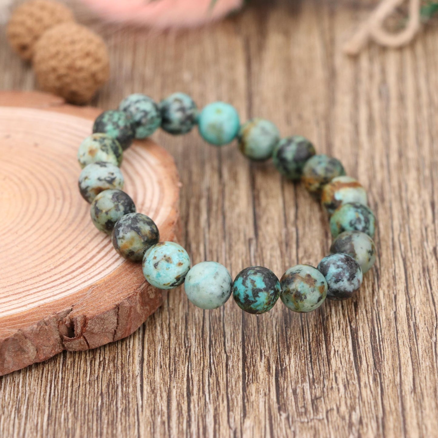 Natural African Turquoise Bracelet 10mm , Blue Green Jasper Stretch Bracelet